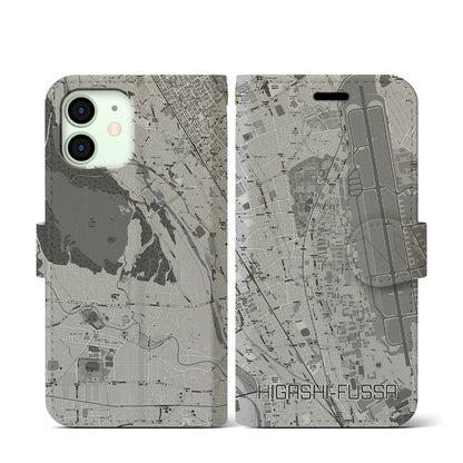 【東福生（東京都）】地図柄iPhoneケース（手帳タイプ）モノトーン・iPhone 12 mini 用