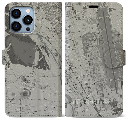 【東福生（東京都）】地図柄iPhoneケース（手帳タイプ）モノトーン・iPhone 13 Pro Max 用