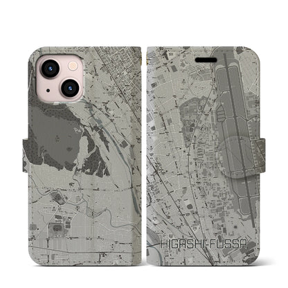 【東福生（東京都）】地図柄iPhoneケース（手帳タイプ）モノトーン・iPhone 13 mini 用