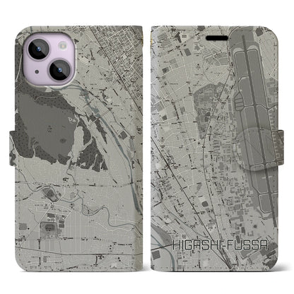 【東福生（東京都）】地図柄iPhoneケース（手帳タイプ）モノトーン・iPhone 14 用