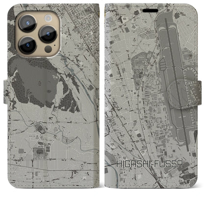 【東福生（東京都）】地図柄iPhoneケース（手帳タイプ）モノトーン・iPhone 14 Pro Max 用