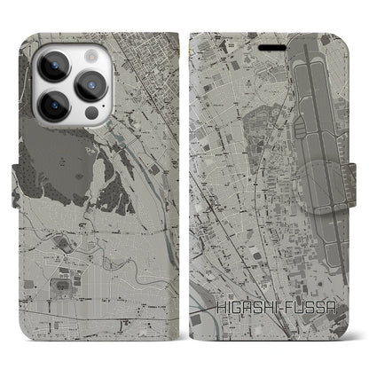 【東福生（東京都）】地図柄iPhoneケース（手帳タイプ）モノトーン・iPhone 14 Pro 用