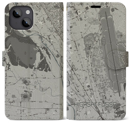 【東福生（東京都）】地図柄iPhoneケース（手帳タイプ）モノトーン・iPhone 14 Plus 用