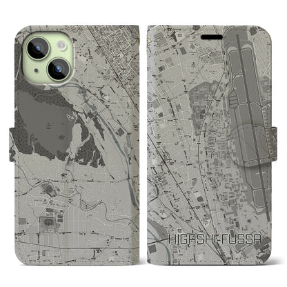 【東福生（東京都）】地図柄iPhoneケース（手帳タイプ）モノトーン・iPhone 15 用