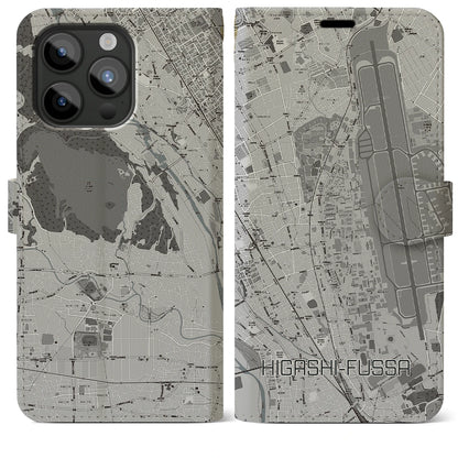 【東福生（東京都）】地図柄iPhoneケース（手帳タイプ）モノトーン・iPhone 15 Pro Max 用