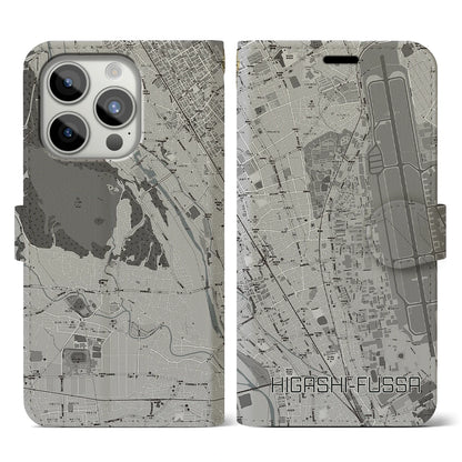 【東福生（東京都）】地図柄iPhoneケース（手帳タイプ）モノトーン・iPhone 15 Pro 用