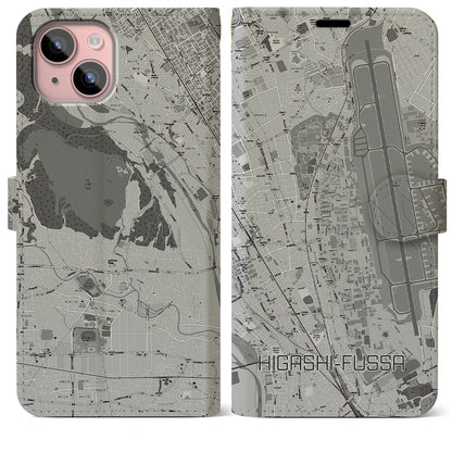 【東福生（東京都）】地図柄iPhoneケース（手帳タイプ）モノトーン・iPhone 15 Plus 用