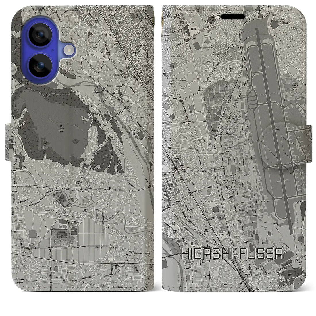 【東福生(東京都)】地図柄iPhoneケース(手帳タイプ)モノトーン・iPhone 16 Pro Max 用