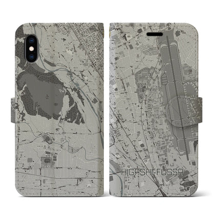 【東福生（東京都）】地図柄iPhoneケース（手帳タイプ）モノトーン・iPhone XS / X 用