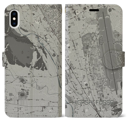 【東福生（東京都）】地図柄iPhoneケース（手帳タイプ）モノトーン・iPhone XS Max 用