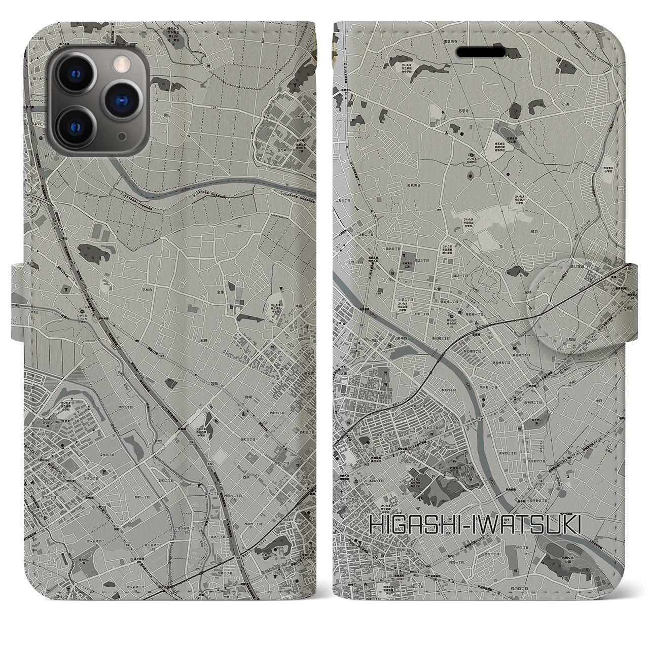 【東岩槻】地図柄iPhoneケース（手帳両面タイプ・モノトーン）iPhone 11 Pro Max 用