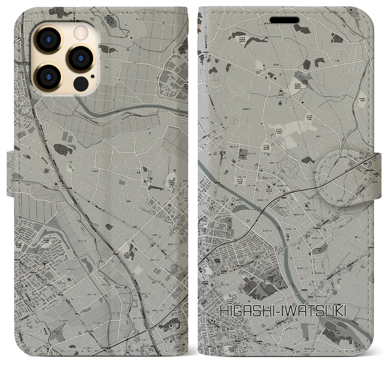 【東岩槻】地図柄iPhoneケース（手帳両面タイプ・モノトーン）iPhone 12 Pro Max 用