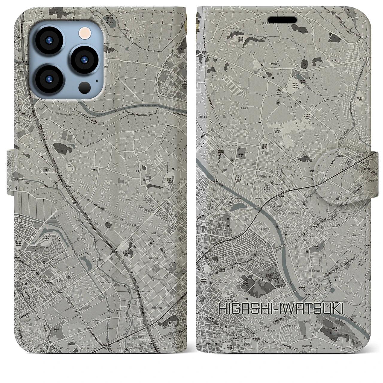 【東岩槻】地図柄iPhoneケース（手帳両面タイプ・モノトーン）iPhone 13 Pro Max 用