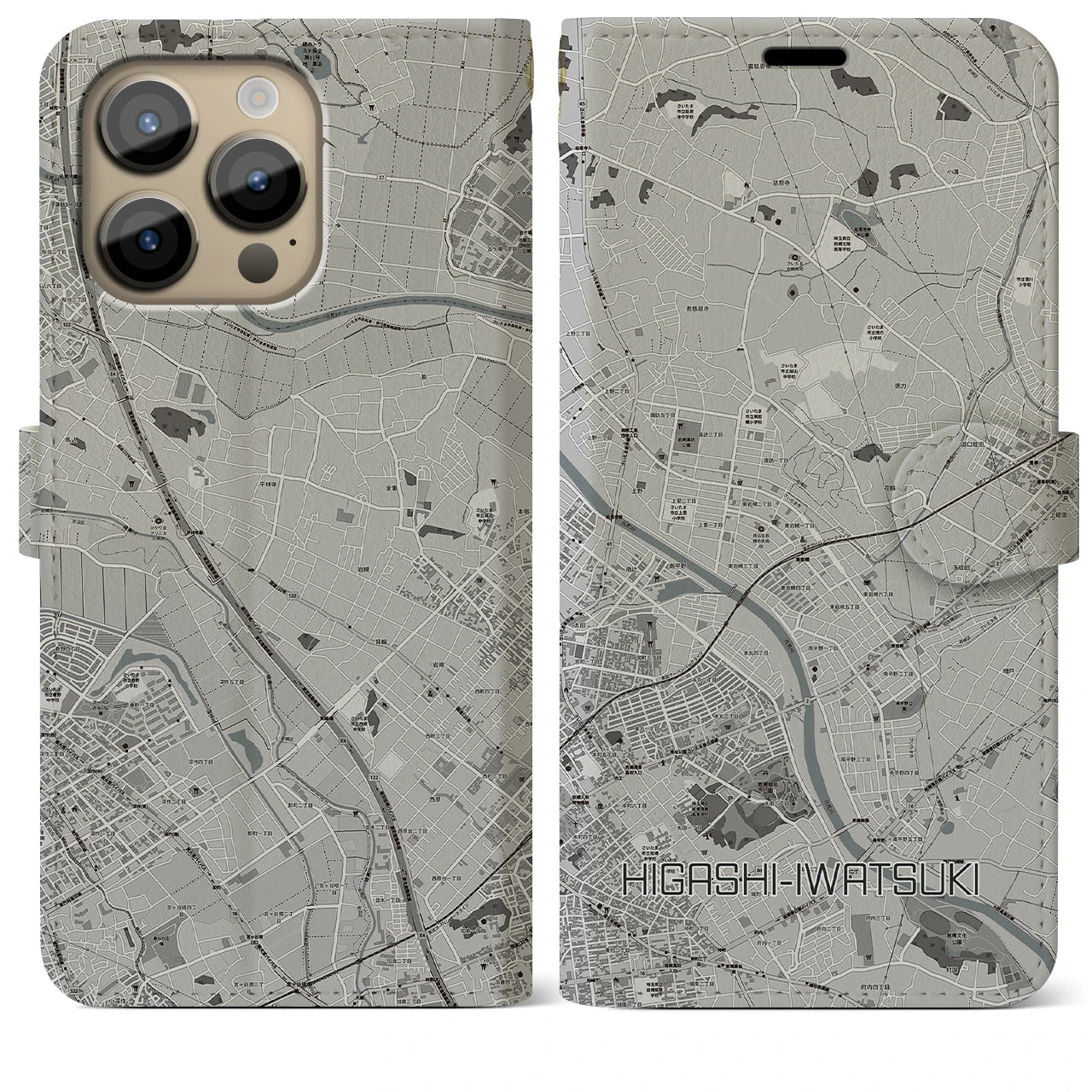 【東岩槻】地図柄iPhoneケース（手帳両面タイプ・モノトーン）iPhone 14 Pro Max 用