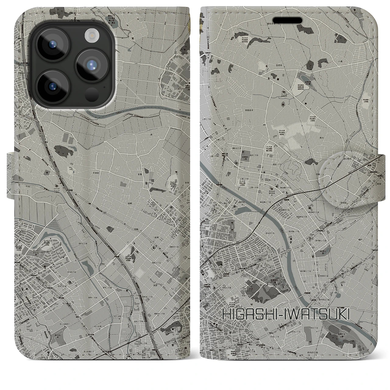 【東岩槻】地図柄iPhoneケース（手帳両面タイプ・モノトーン）iPhone 15 Pro Max 用