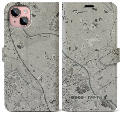 【東岩槻（埼玉県）】地図柄iPhoneケース（手帳タイプ）モノトーン・iPhone 15 Plus 用