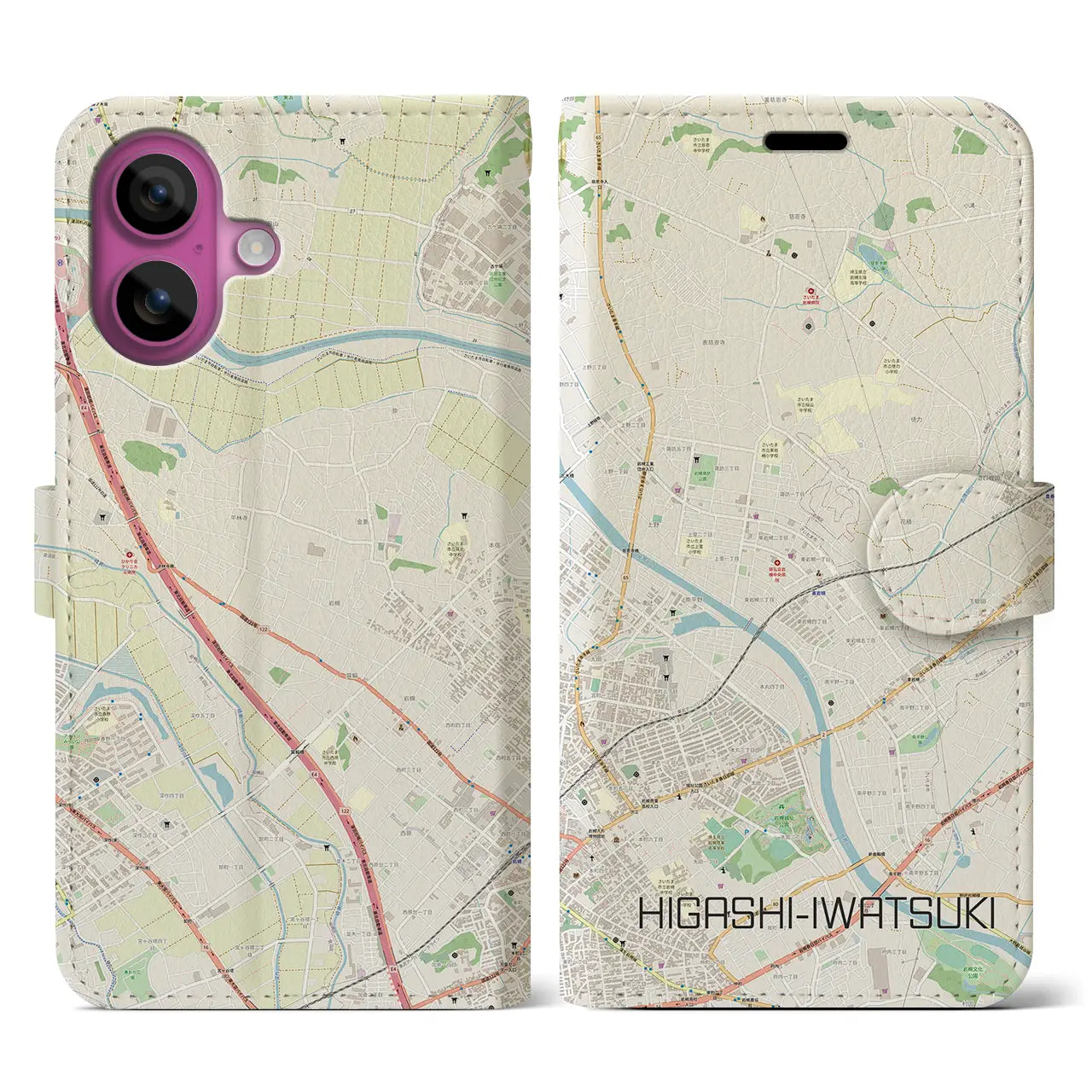 【東岩槻（埼玉県）】地図柄iPhoneケース（手帳タイプ）ナチュラル・iPhone 16 Pro 用