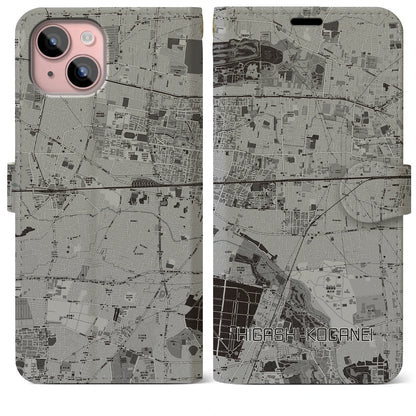 【東小金井（東京都）】地図柄iPhoneケース（手帳タイプ）モノトーン・iPhone 15 Plus 用