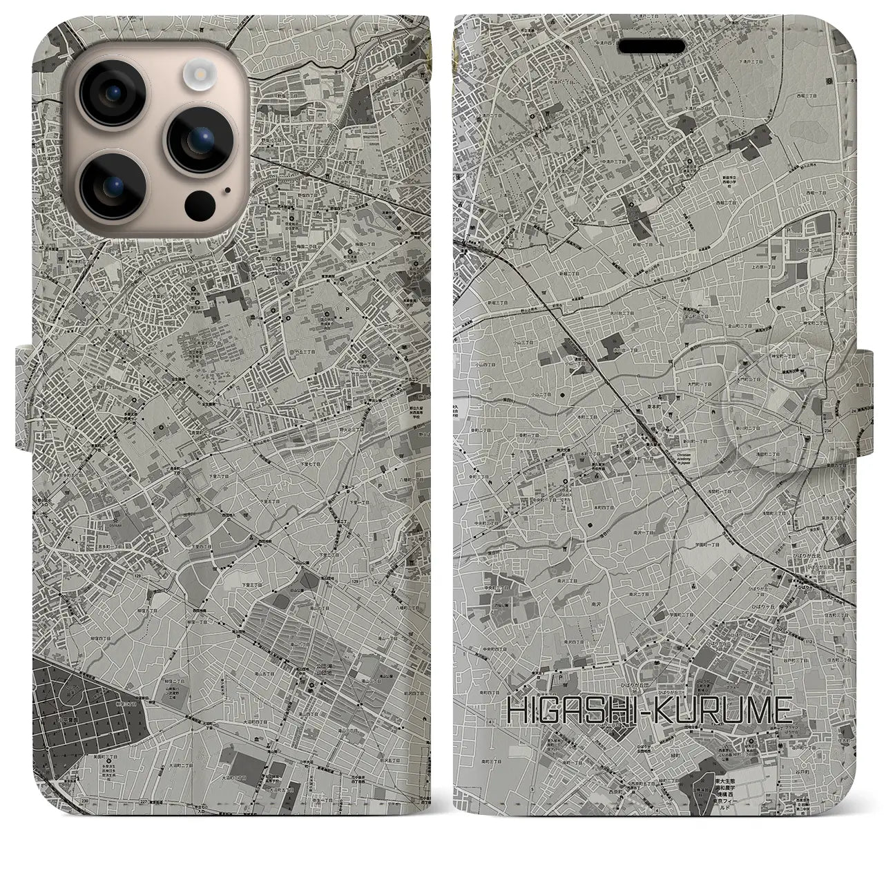 【東久留米（東京都）】地図柄iPhoneケース（手帳タイプ）モノトーン・iPhone 16 Plus 用