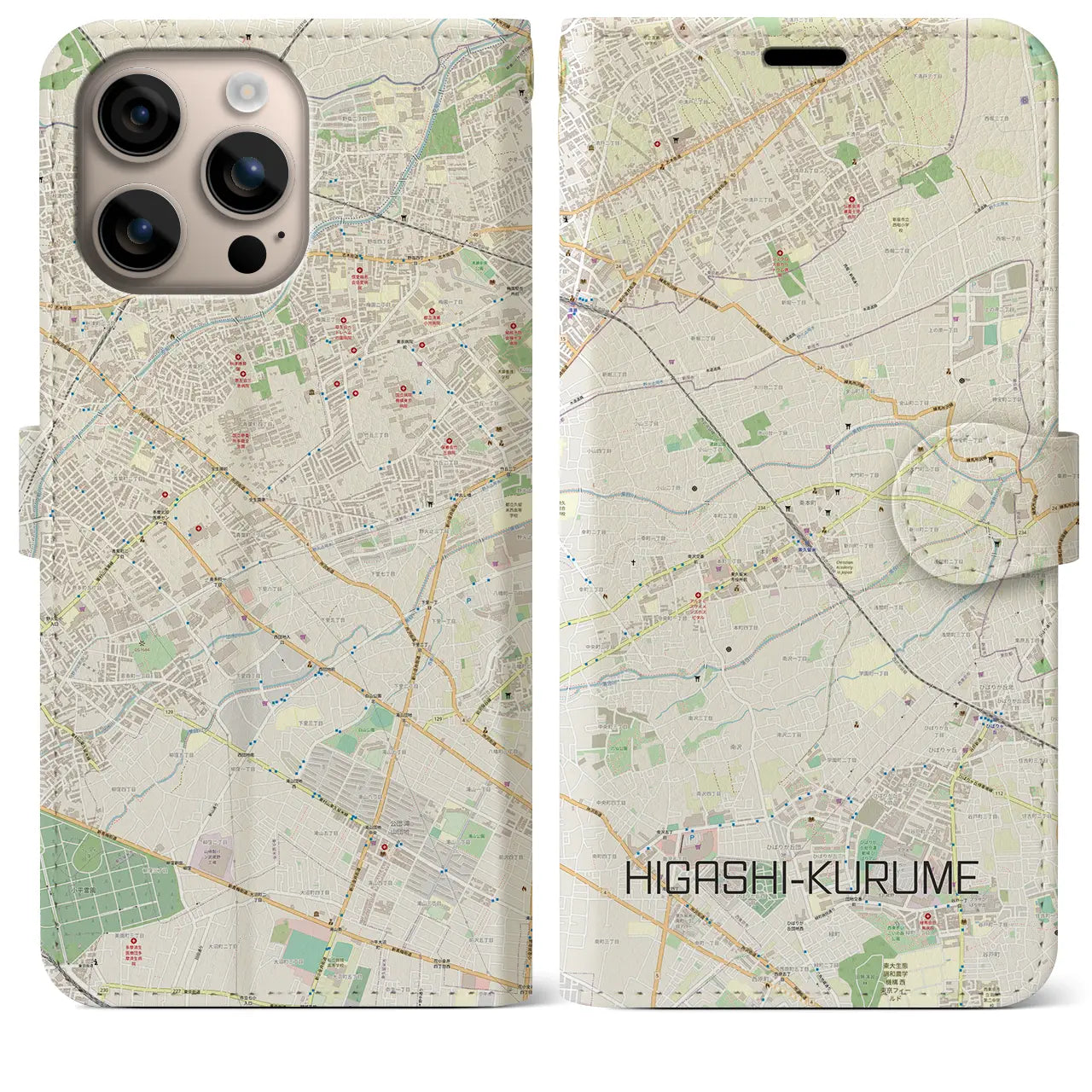 【東久留米（東京都）】地図柄iPhoneケース（手帳タイプ）ナチュラル・iPhone 16 Plus 用