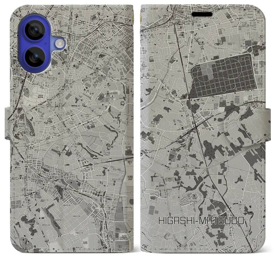 【東松戸(千葉県)】地図柄iPhoneケース(手帳タイプ)モノトーン・iPhone 16 Pro Max 用