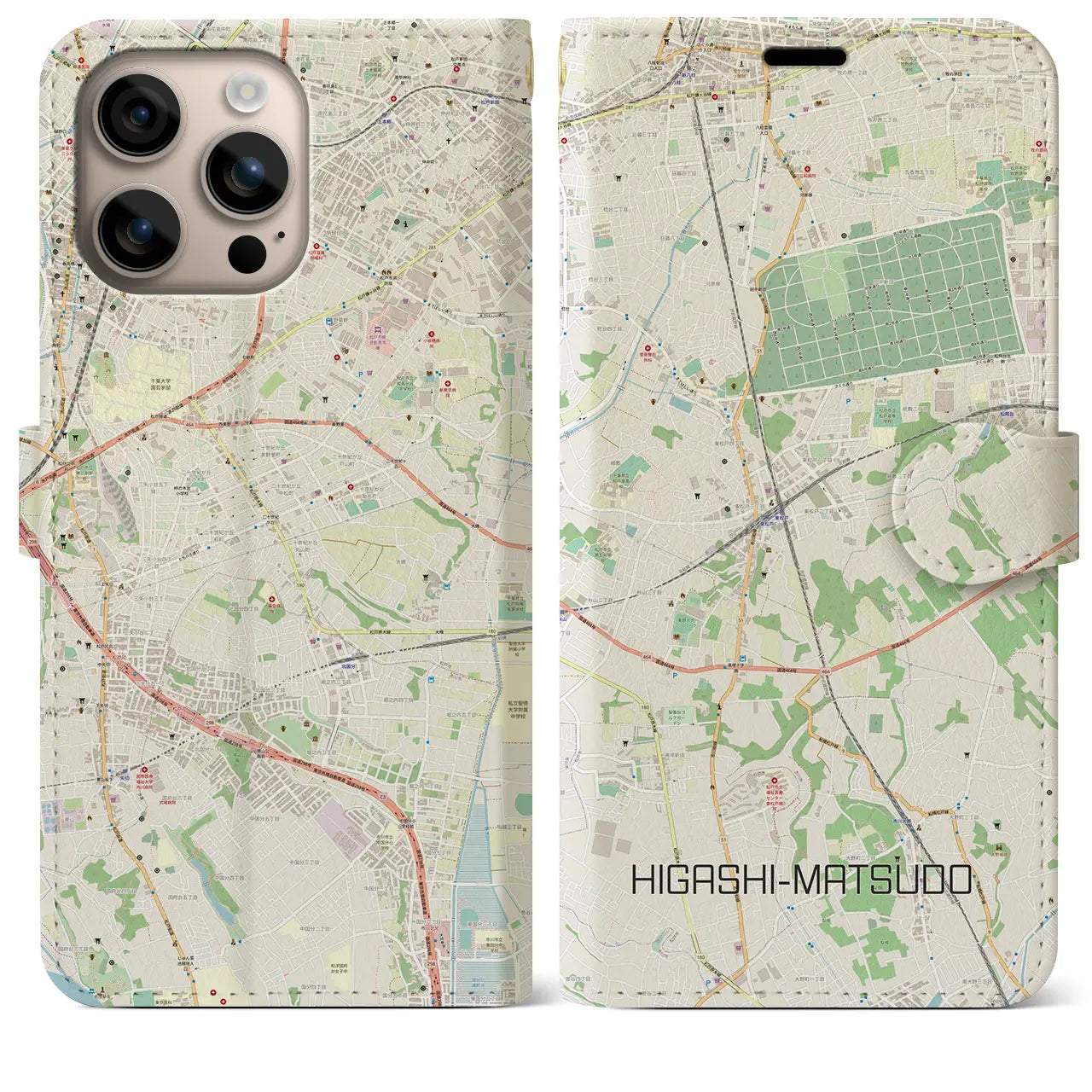 【東松戸（千葉県）】地図柄iPhoneケース（手帳タイプ）ナチュラル・iPhone 16 Plus 用