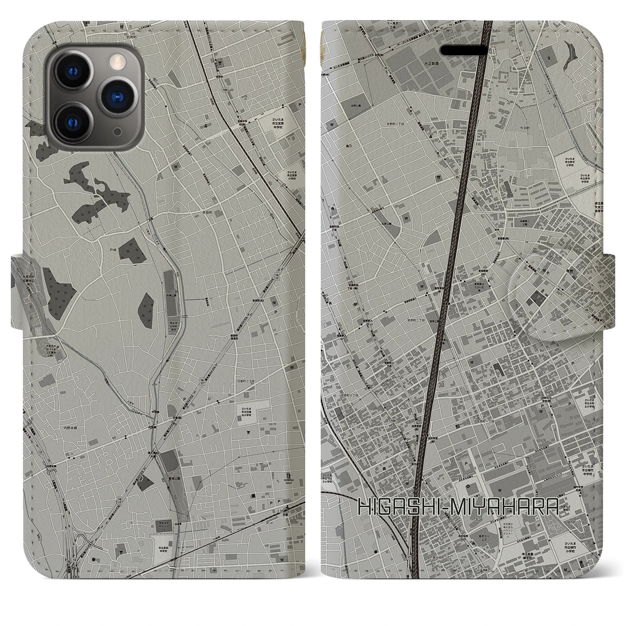 【東宮原】地図柄iPhoneケース（手帳両面タイプ・モノトーン）iPhone 11 Pro Max 用