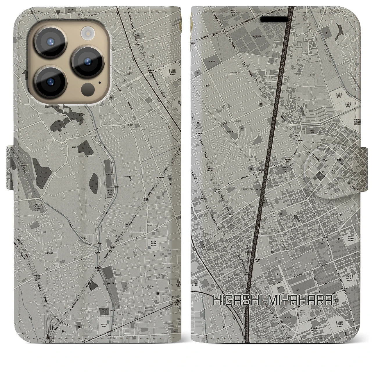 【東宮原】地図柄iPhoneケース（手帳両面タイプ・モノトーン）iPhone 14 Pro Max 用