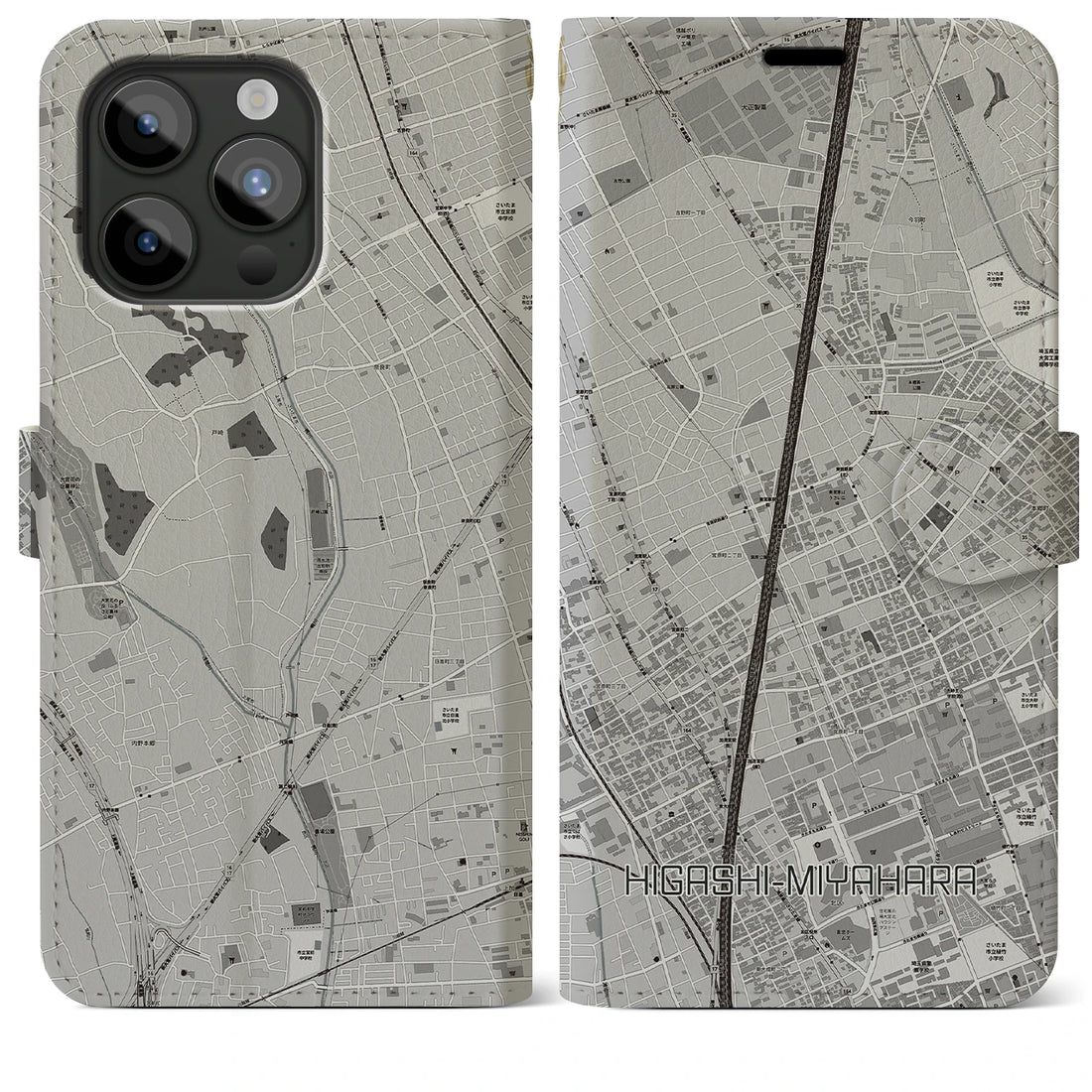 【東宮原】地図柄iPhoneケース（手帳両面タイプ・モノトーン）iPhone 15 Pro Max 用