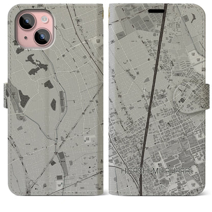 【東宮原（埼玉県）】地図柄iPhoneケース（手帳タイプ）モノトーン・iPhone 15 Plus 用