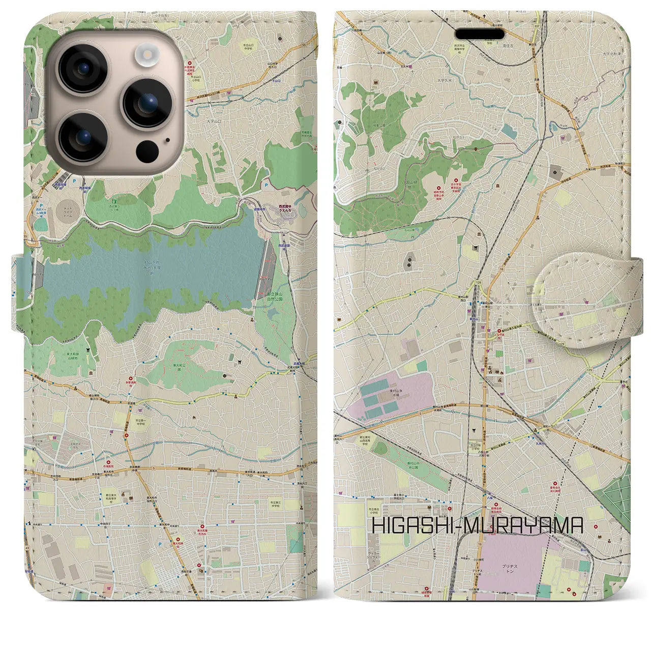 【東村山（東京都）】地図柄iPhoneケース（手帳タイプ）ナチュラル・iPhone 16 Plus 用