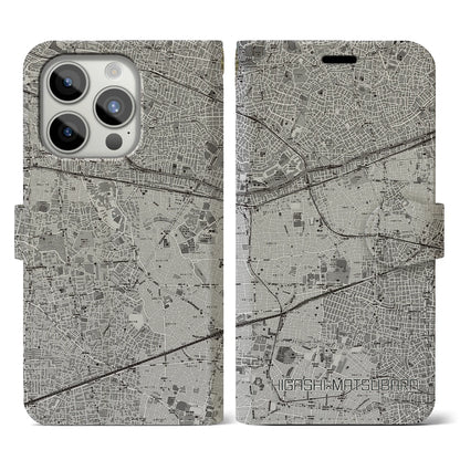 【東松原（東京都）】地図柄iPhoneケース（手帳タイプ）モノトーン・iPhone 15 Pro 用