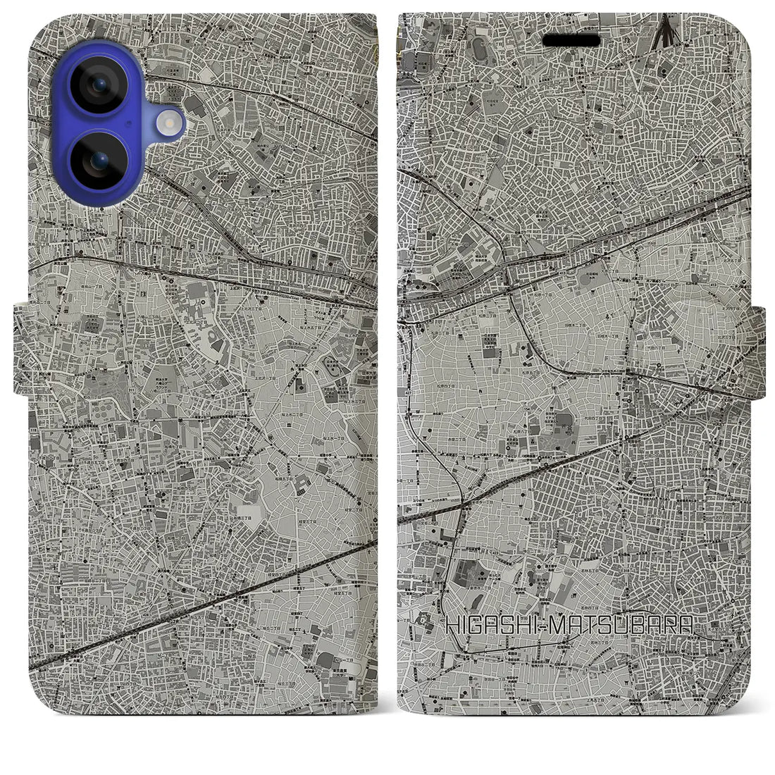 【東松原(東京都)】地図柄iPhoneケース(手帳タイプ)モノトーン・iPhone 16 Pro Max 用