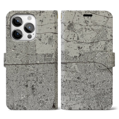 【東中野2（東京都）】地図柄iPhoneケース（手帳タイプ）モノトーン・iPhone 14 Pro 用
