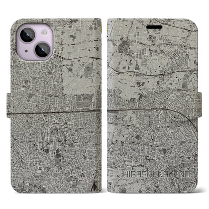 【東中野2（東京都）】地図柄iPhoneケース（手帳タイプ）モノトーン・iPhone 14 用