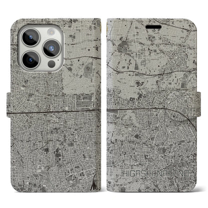 【東中野2（東京都）】地図柄iPhoneケース（手帳タイプ）モノトーン・iPhone 15 Pro 用