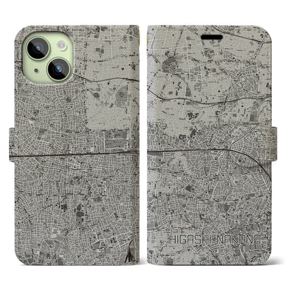 【東中野2（東京都）】地図柄iPhoneケース（手帳タイプ）モノトーン・iPhone 15 用