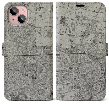 【東中野2（東京都）】地図柄iPhoneケース（手帳タイプ）モノトーン・iPhone 15 Plus 用