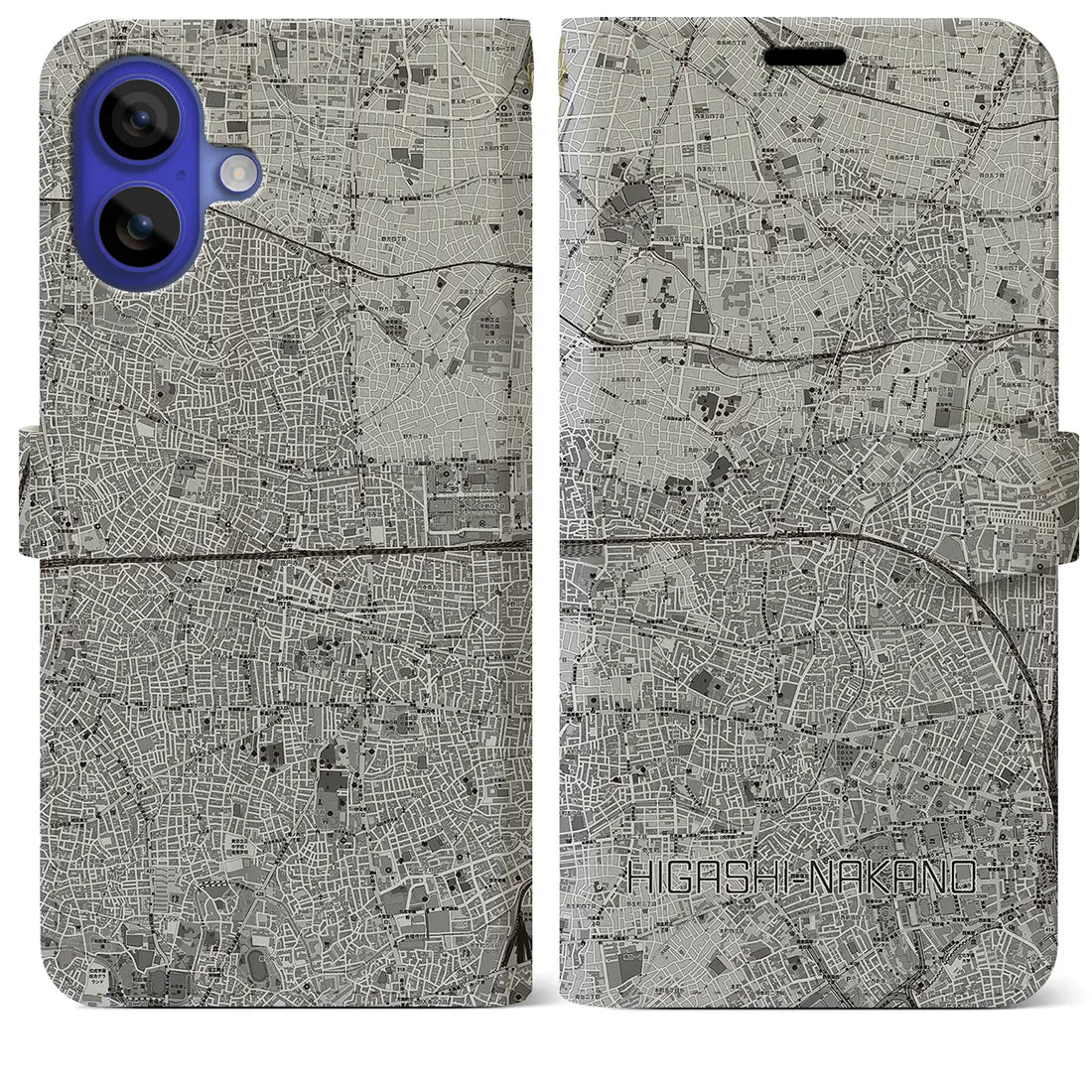 【東中野2(東京都)】地図柄iPhoneケース(手帳タイプ)モノトーン・iPhone 16 Pro Max 用