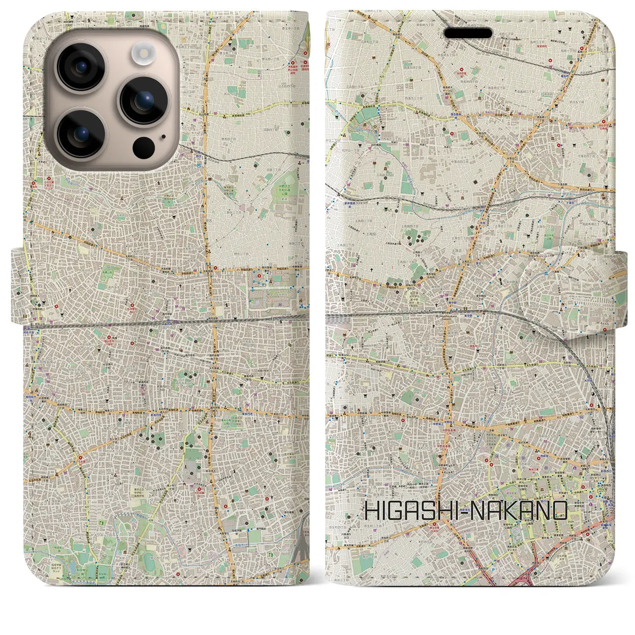 【東中野2（東京都）】地図柄iPhoneケース（手帳タイプ）ナチュラル・iPhone 16 Plus 用