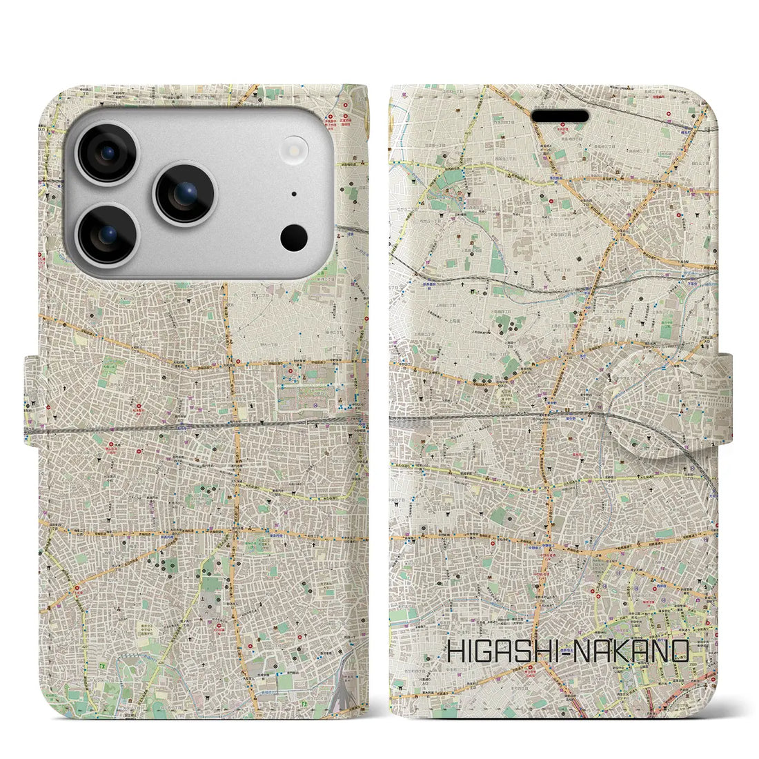 【東中野2（東京都）】地図柄iPhoneケース（手帳タイプ）ナチュラル・iPhone 17 Pro Max 用