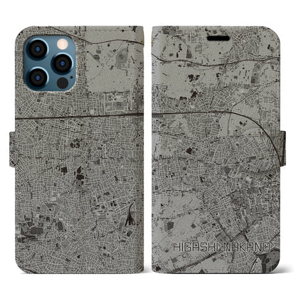 【東中野（東京都）】地図柄iPhoneケース（手帳タイプ）モノトーン・iPhone 12 / 12 Pro 用