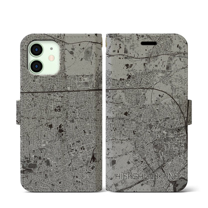 【東中野（東京都）】地図柄iPhoneケース（手帳タイプ）モノトーン・iPhone 12 mini 用