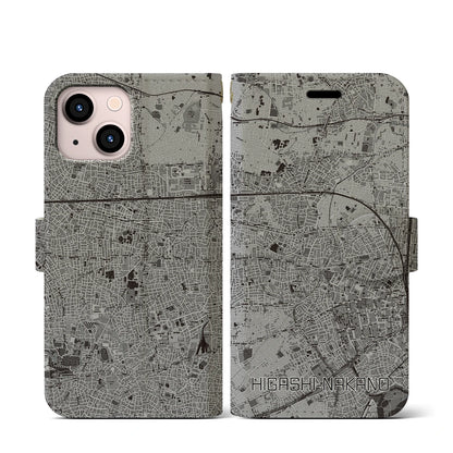 【東中野（東京都）】地図柄iPhoneケース（手帳タイプ）モノトーン・iPhone 13 mini 用