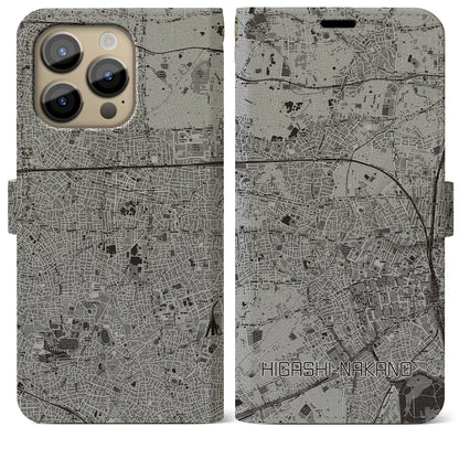 【東中野（東京都）】地図柄iPhoneケース（手帳タイプ）モノトーン・iPhone 14 Pro Max 用