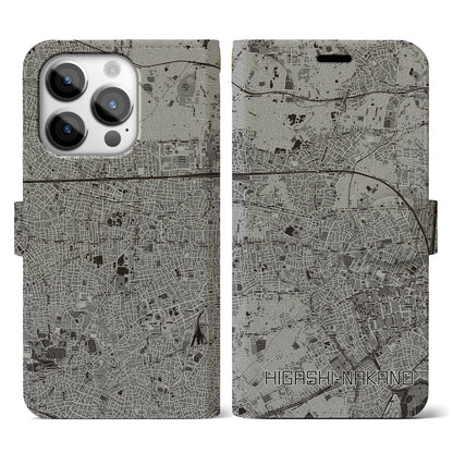 【東中野（東京都）】地図柄iPhoneケース（手帳タイプ）モノトーン・iPhone 14 Pro 用