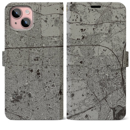 【東中野（東京都）】地図柄iPhoneケース（手帳タイプ）モノトーン・iPhone 15 Plus 用