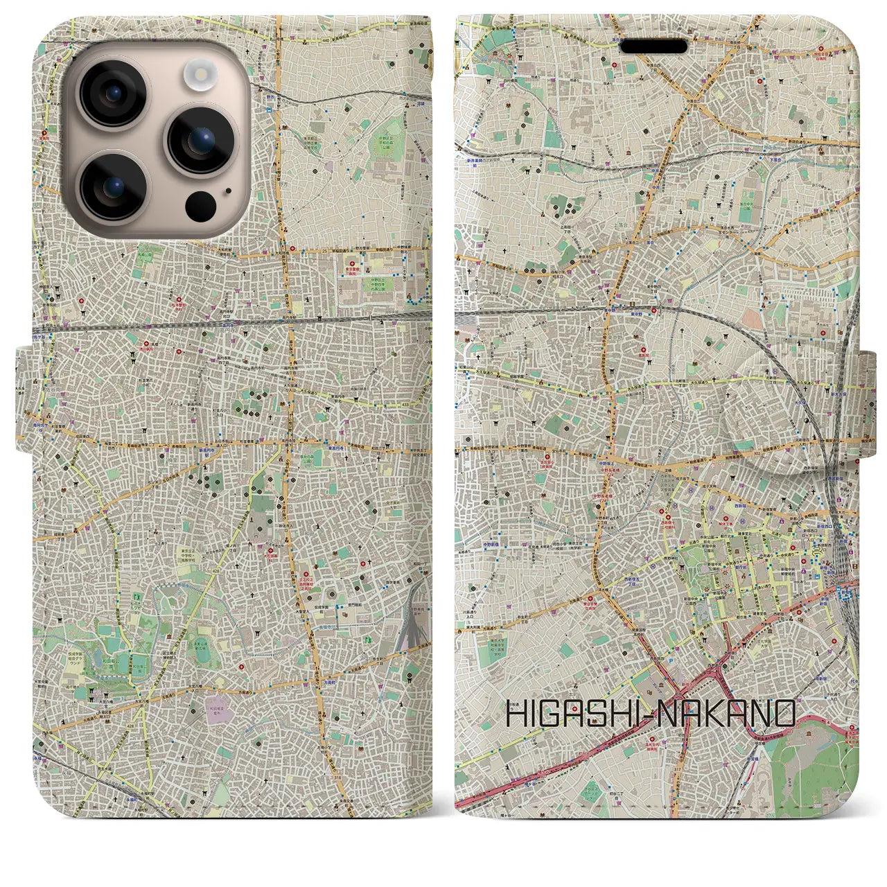 【東中野（東京都）】地図柄iPhoneケース（手帳タイプ）ナチュラル・iPhone 16 Plus 用