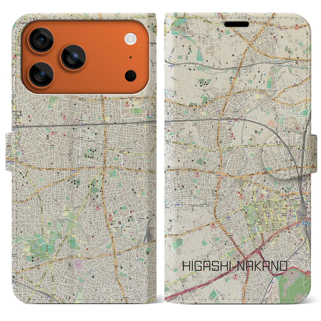 【東中野（東京都）】地図柄iPhoneケース（手帳タイプ）ナチュラル・iPhone 17 Pro Max 用