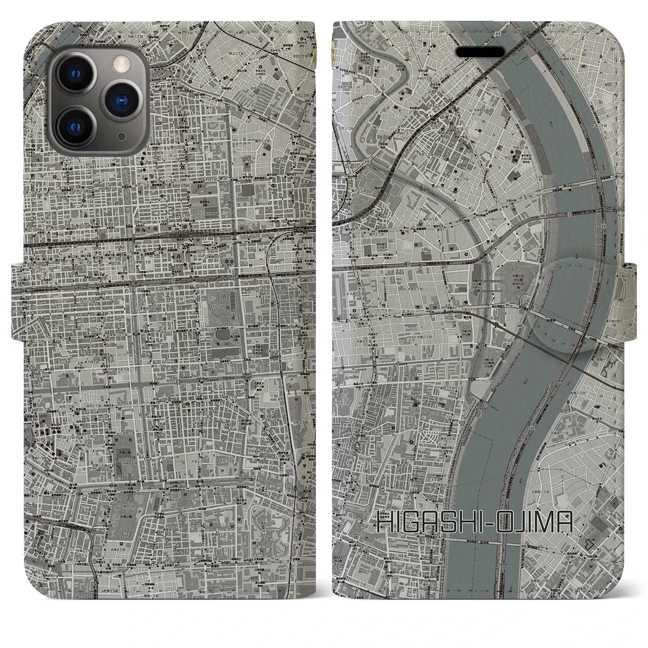 【東大島】地図柄iPhoneケース（手帳両面タイプ・モノトーン）iPhone 11 Pro Max 用